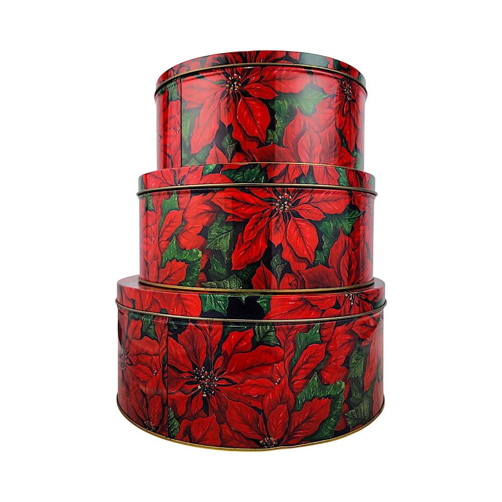Red Poinsettia Floral Covered Christmas Metal Tin Round Containers, Set of 3 - Picture 5 of 9